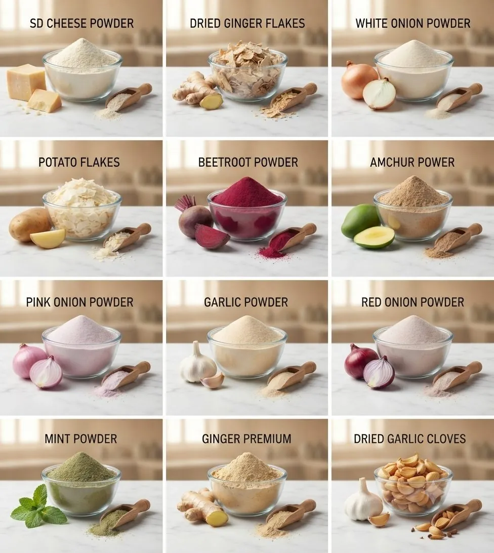 Collage of 12 Spheronix Exports LLP products — onion, garlic, ginger, beetroot, mint and more